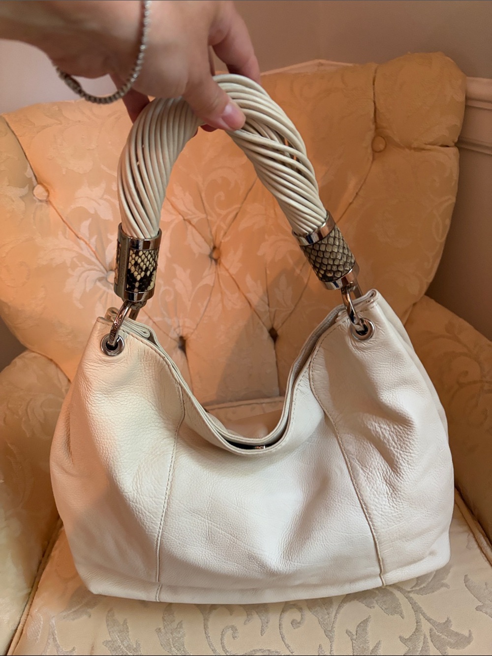 Michael Kors Cream Leather Hobo with Braided Handle and Snake-Print Accents - Picture 3 of 6
